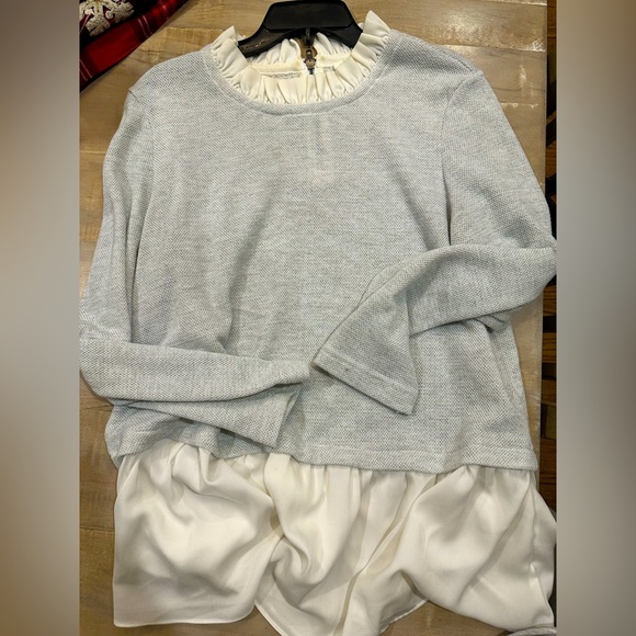 Beachlunchlounge boho peasant long sleeve chiffon ruffle neck ivory grey top - Picture 1 of 15